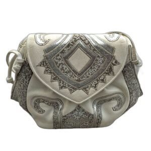Vtg 80s VIVA OF CALIFORNIA Textured Metallic Silver & White Leather Shoulder Bag